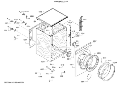 Cabinet Parts Diagram and Parts List for 17 Bosch Washer