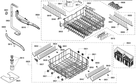 Baskets Assy Diagram and Parts List for 53 Thermador Dishwasher
