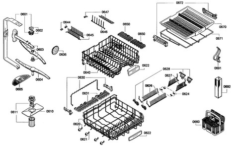 Baskets Assy Diagram and Parts List for 01 Thermador Dishwasher
