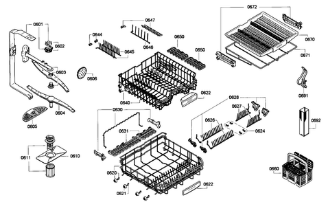 Baskets Diagram and Parts List for 18 Thermador Dishwasher