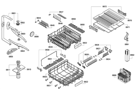Baskets Diagram and Parts List for 16 Thermador Dishwasher