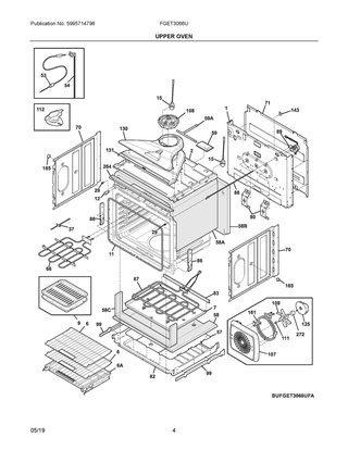 Upper Oven Diagram and Parts List for  Frigidaire Wall Oven